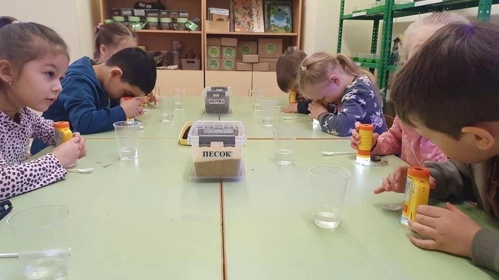 Дети рассматривают песок под микроскопом