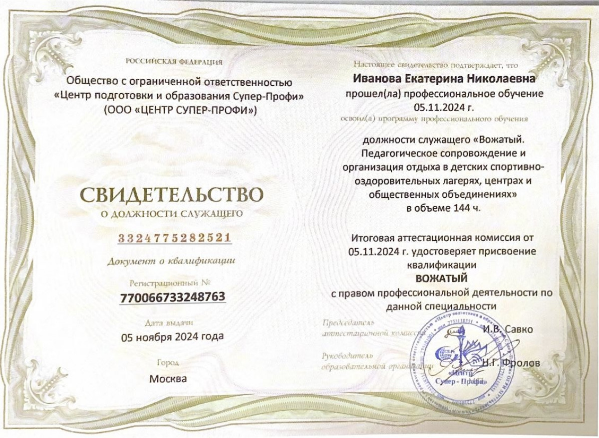 Свидетельство вожатого