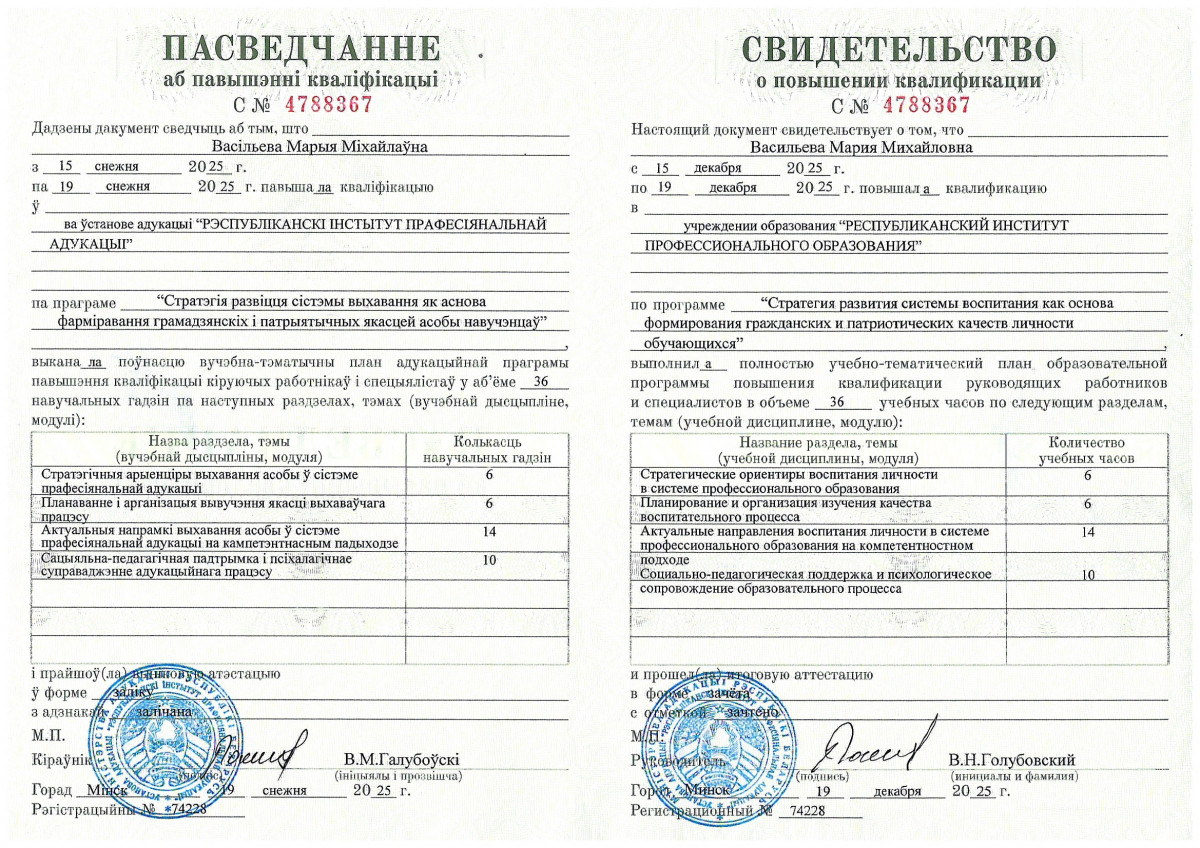 Свидетельство о повышении квалификации