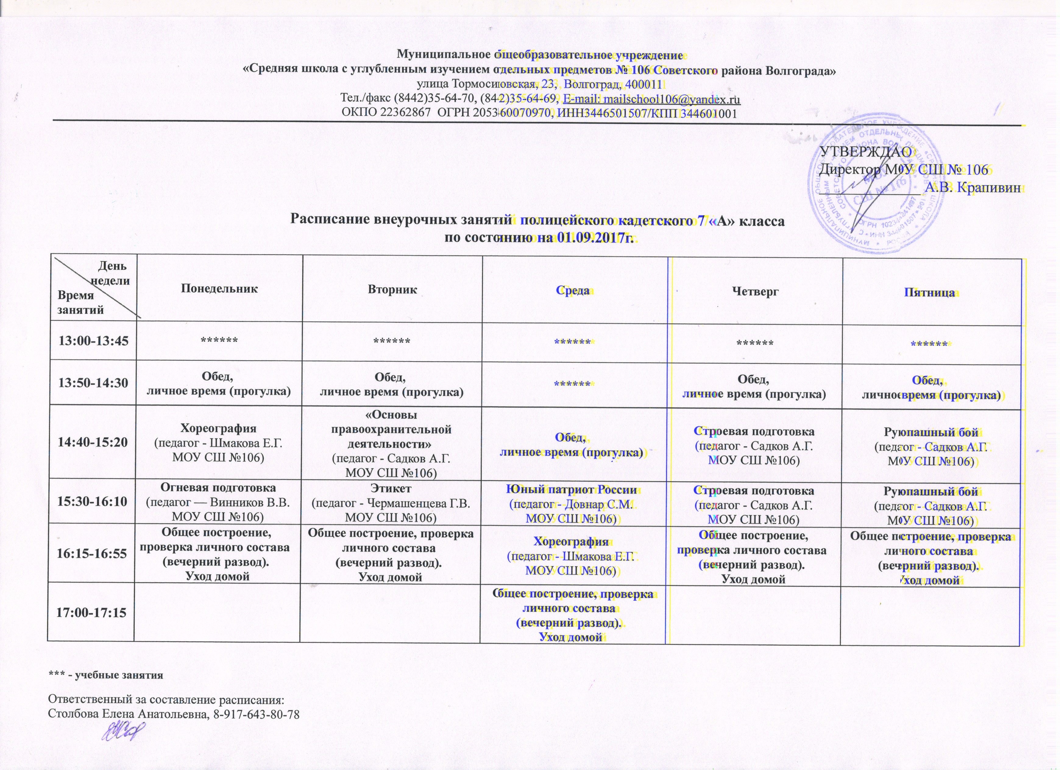 План работы кадетского класса в школе