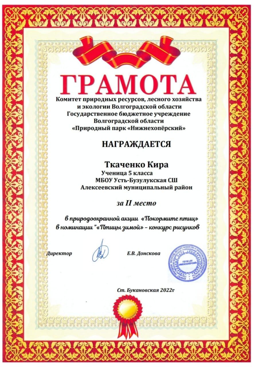 Ткаченко Кира , 2 место в конкурсе рисунков "Покормите птиц зимой"