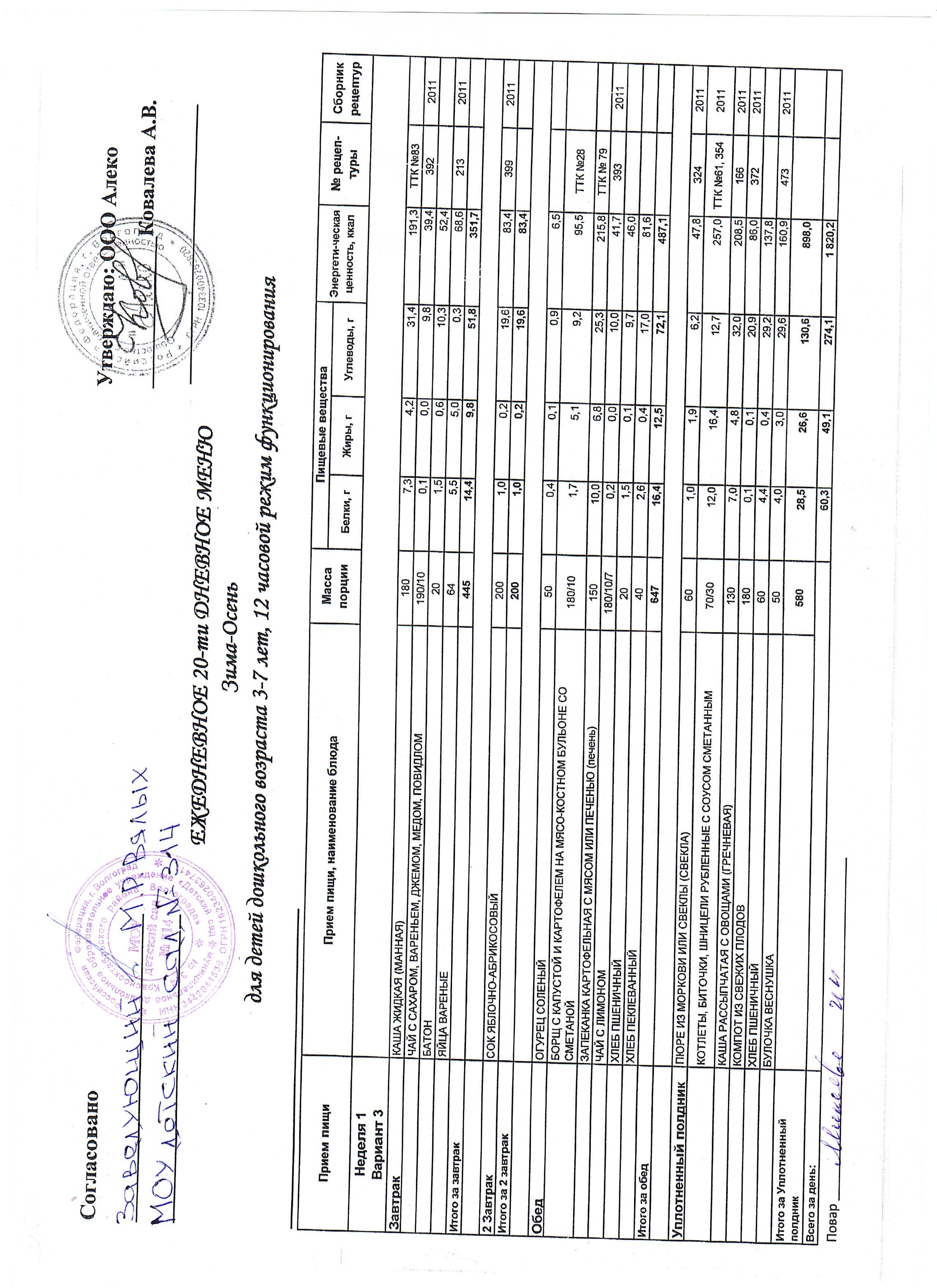 меню 3-7 лет на 07.06.26г